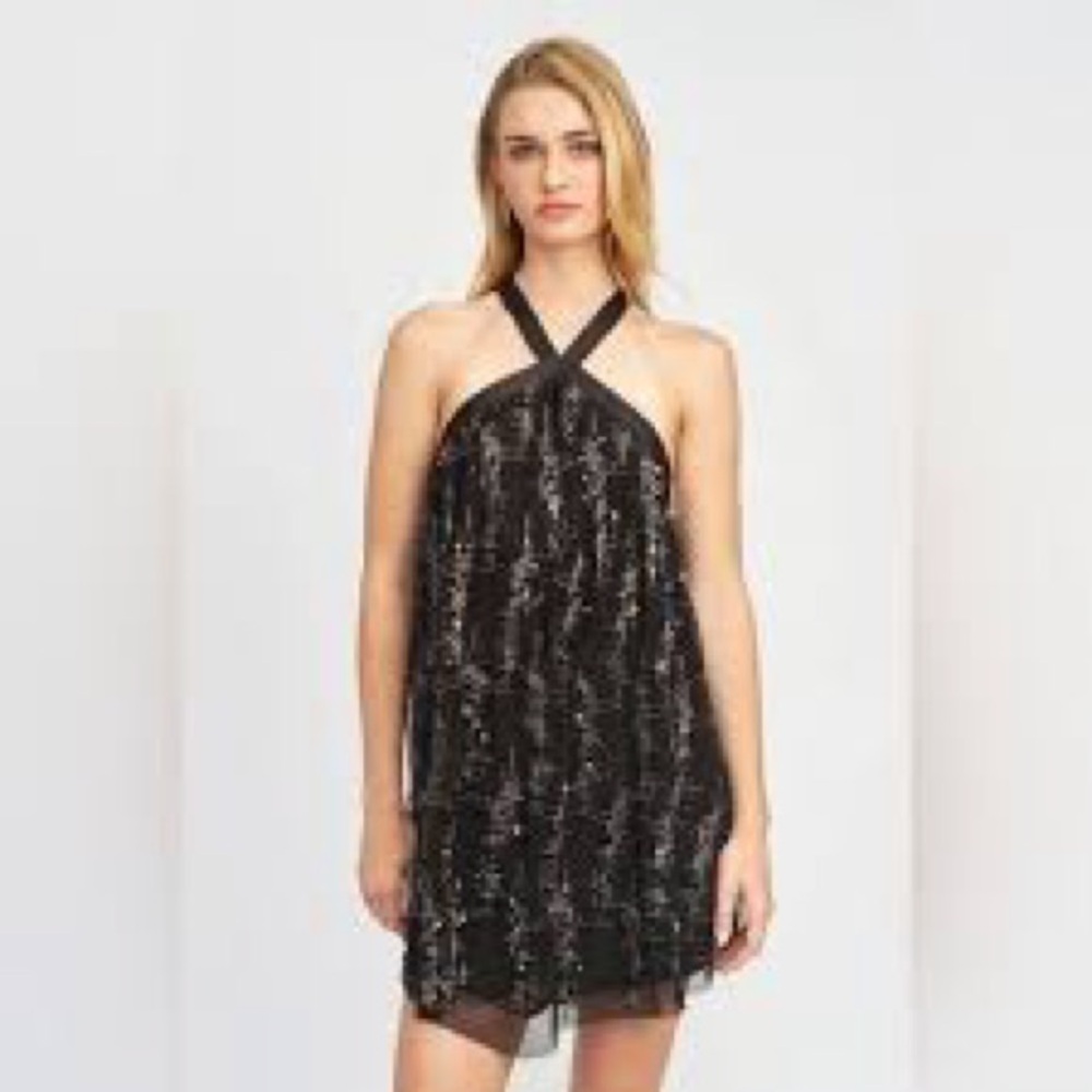 En‎ Saison Black Sequin Halter Mini Dress ✨ Lined Party Cocktail Dress Size L